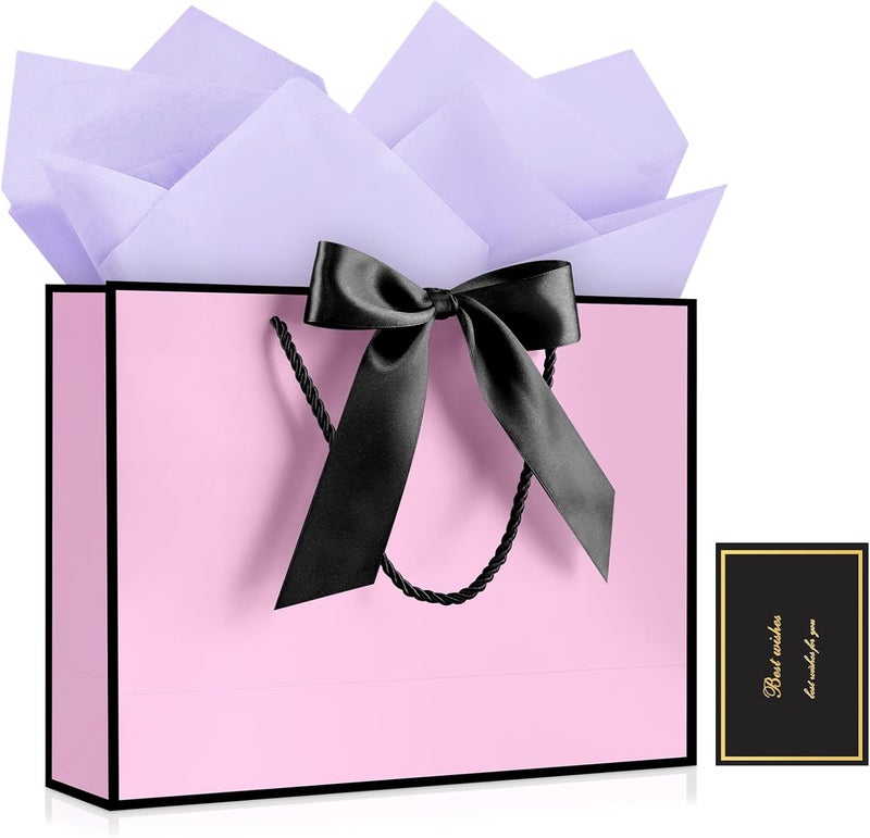 JMANNI 1PCS Large Gift Bag with Ribbon and 1 Greeting Card 2 Tissue Papers, Portable Paper Gift Bag with Handles, Birthday Present Bags for Wedding Party,Mothers Day12.6" x 9.8" x 3.9"(Purple-Black - Image 1
